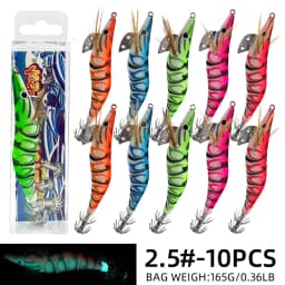 ShareShark 10pcs/lot Fishing Wood Shrimp Luminous Squid Octopus Lure 3D Eyes Lure Hard Bait Fishing Tools