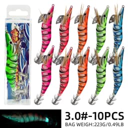 ShareShark 10pcs/lot Fishing Wood Shrimp Luminous Squid Octopus Lure 3D Eyes Lure Hard Bait Fishing Tools