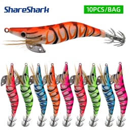 ShareShark 10pcs/lot Fishing Wood Shrimp Luminous Squid Octopus Lure 3D Eyes Lure Hard Bait Fishing Tools