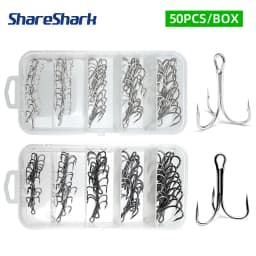 ShareShark 50pcs/box Fishing Treble Hooks Kit High Carbon Steel Hooks Strong Sharp Round Bend with Split Rings for Lures Baits