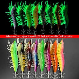 ShareShark 8PCS Glow in The Dark Soft Foot Shrimp Jig Hard Fishing Lures Shrimp Squid Hook Wood Shrimp Bait Fishing Lure Set