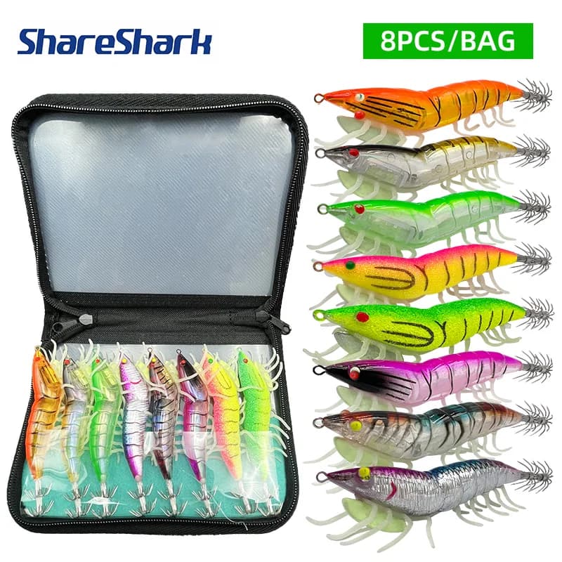 ShareShark 8PCS Glow in The Dark Soft Foot Shrimp Jig Hard Fishing Lures Shrimp Squid Hook Wood Shrimp Bait Fishing Lure Set