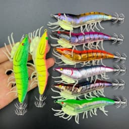 ShareShark 8PCS Glow in The Dark Soft Foot Shrimp Jig Hard Fishing Lures Shrimp Squid Hook Wood Shrimp Bait Fishing Lure Set