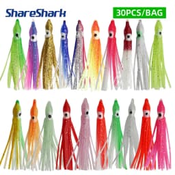 ShareShark 30pcs/bag 20 Mixed Color Glowing Squid Fishing Lure Soft Rubber Octopus Skirt Bait for Sea Bass Tuna Carp