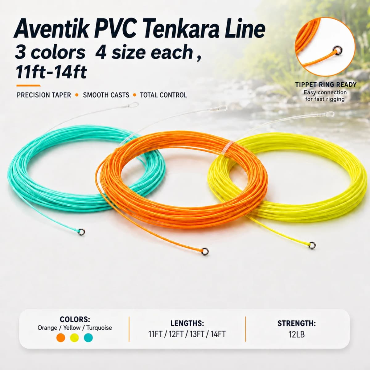Aventik 11-14ft 12LB Tenkara Fly Fishing Line Tapered Floating Line PVC Coated Low Stretch Mono Core Smooth Casting Line