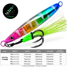 LHFSH Luminous Metal Jig Fishing Lures Hard Bait 20g-80g Slow Sinking Jigging Bait with Treble Hooks for Sea Bass Tuna Fishing
