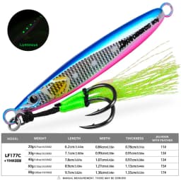 LHFSH Luminous Metal Jig Fishing Lures Hard Bait 20g-80g Slow Sinking Jigging Bait with Treble Hooks for Sea Bass Tuna Fishing