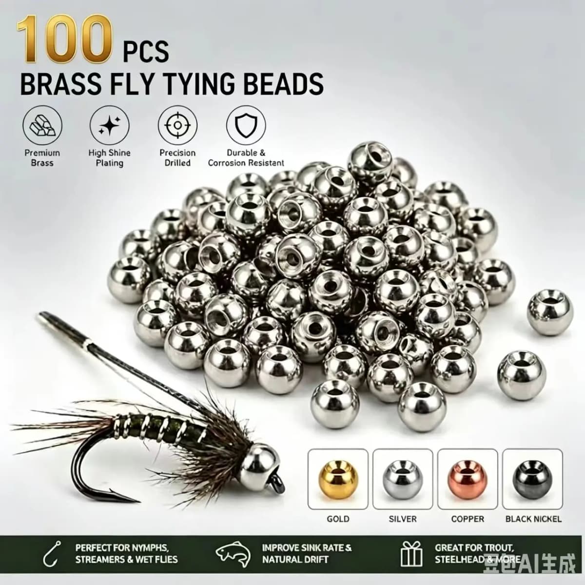 Elite TG 100Pcs 2.0-4.7mm 4Colors Fly Fishing Brass Beads Cyclops Nymph Head Beads Fly Tying Lure Making Materials