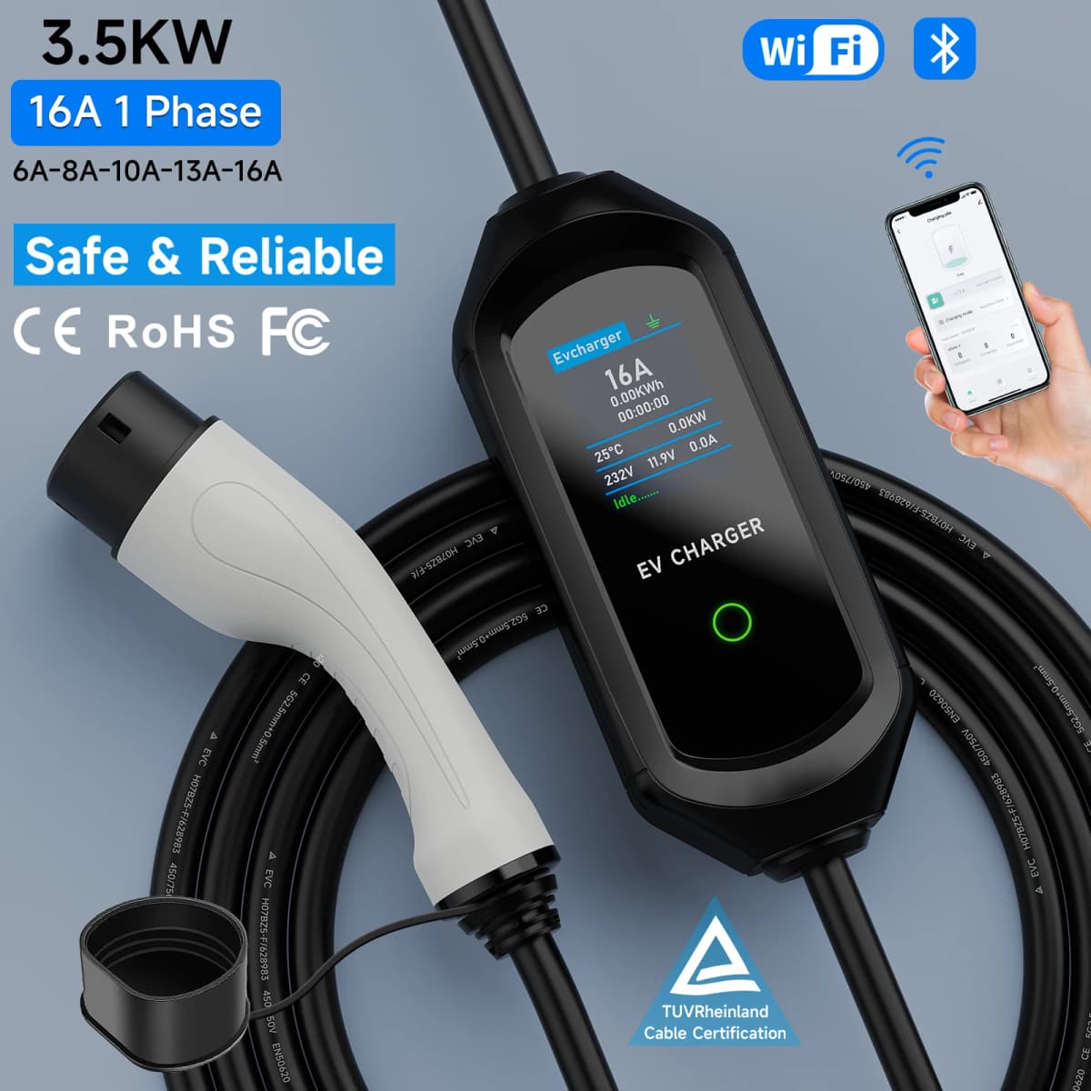 3.5KW Type2 IEC62196-2 Portable EV Charger 16A Type1 SAE J1772 EVSE Fast Charging Cable GB/T Wallbox WiFi APP Bluetooth Control