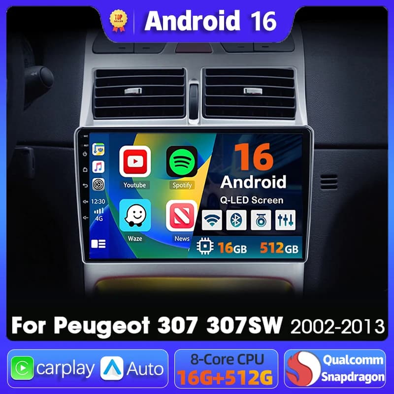 Android 16 For Peugeot 307 307CC 307SW 2002 - 2012 2013 Navigation Multimedia Player Carplay Auto Stereo DVD BT Video DSP Radio