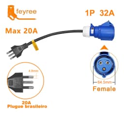Feyree EV Charger CEE Female Socket 3 Pins Adapter to Brazil 20A 10A Plug WallMount Socket 32A 1Phase 7KW Portable Charger