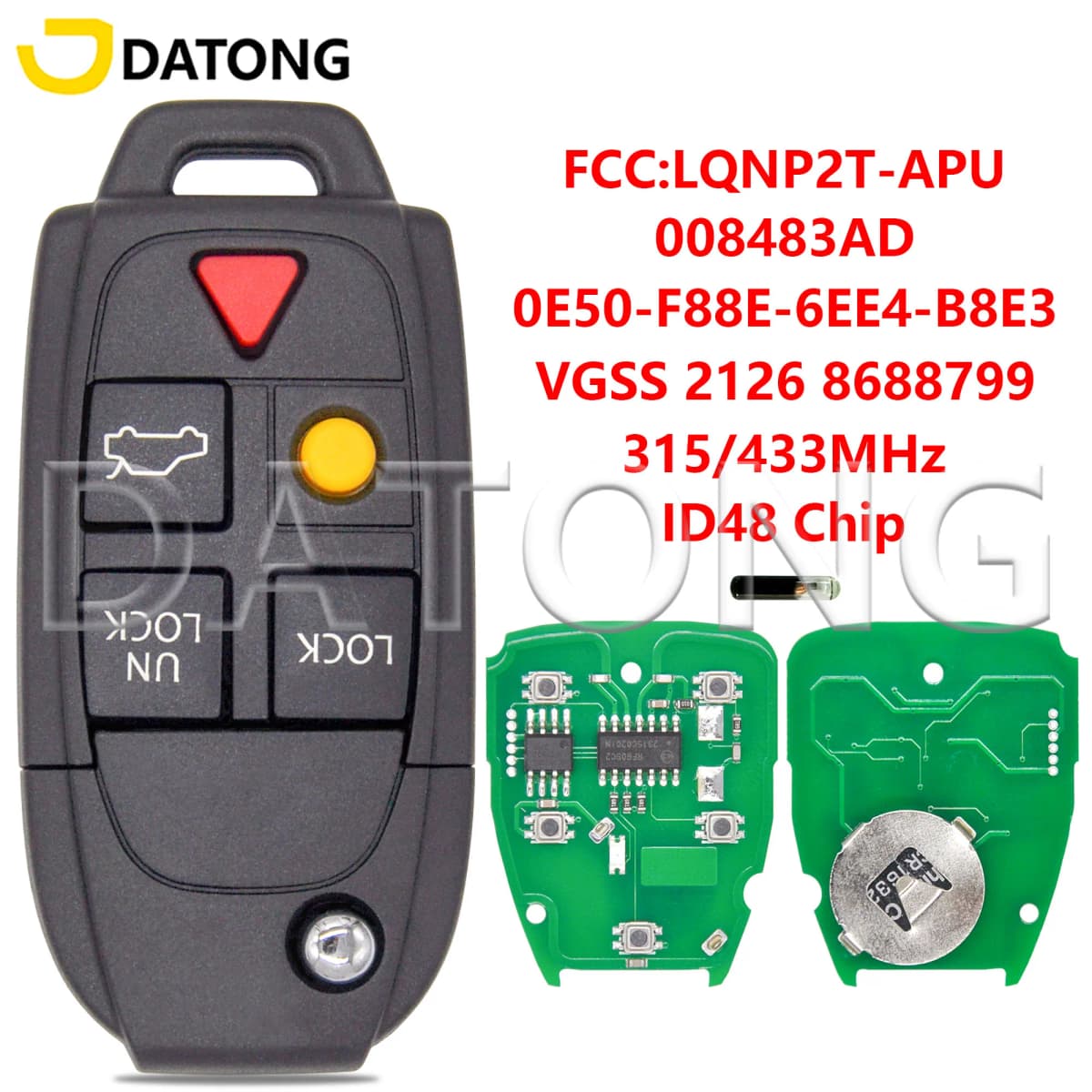 Datong World Car Remote Key For Volvo XC70 XC90 S60 S80 V70 2004-2015 ID48 Chip 315/433MHz 8688799 8688800 LQNP2T-APU