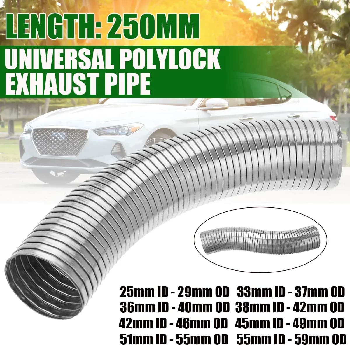 250mm Universal Stainless Steel Exhaust Middle Link Pipe Flexible Polylock Exhaust Pipe Quick Repair Tube