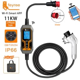 Feyree GB/T Portable EV Charger 32A 7KW 1Phase APP Bluetooth Version EVSE 11KW 16A 3Phase Cable 5m CEE Plug for Electric Vehicle