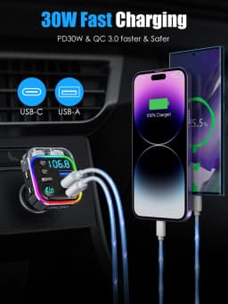 LENCENT Bluetooth 5.3 FM Transmitter with PD 30W & QC3.0 Fast Charger Bluetooth Car Adapter Hi-Fi Music/Clear Calling Car Kit
