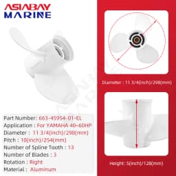 For Yamaha Outboard Propeller 11-3/4 x 10 , 40 50 60 HP , 3 Blade ,13 Spline , RH , White Aluminum Alloy Screw 663-45954-01