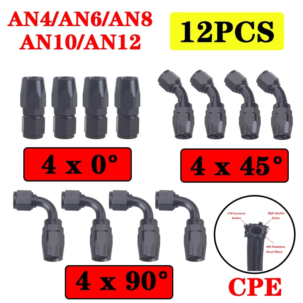 12Pcs Universal AN4 AN6 AN8 AN10 AN12 Straight 0 45 90 Degree Aluminum Swivel Hose End Fittings Adapter CPE Oil Fuel Line Pipe