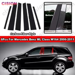 6x Glossy Black Car Door Center BC Pillar Post Cover Mirror Effect Trim For Mercedes Benz ML Class W164 Window Column PC Sticker