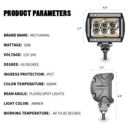 MICTUNING Car Led Work Light 4" 18W LED Flood/Spot Work Lamp With Amber Ambient Light for Jeep ATV SUV Truck Boat (2pcs)