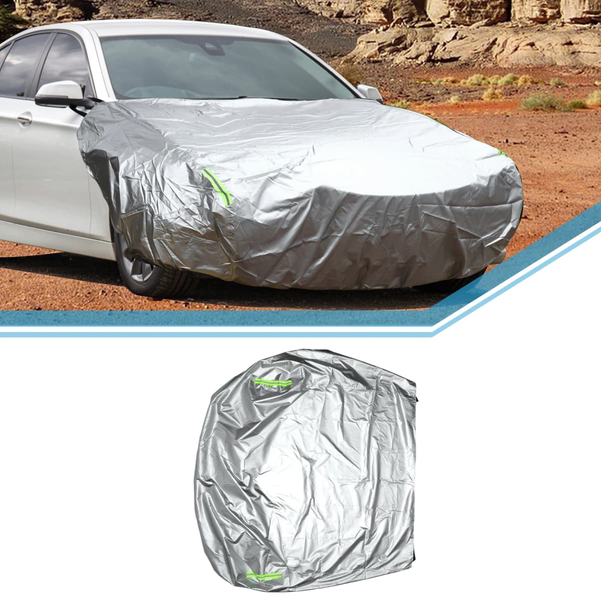 UXCELL Front Half Car Cover 220x160cm Bonnet Cover Waterproof Outdoor Engine Hood Half Cover 210D with Reflective Tape