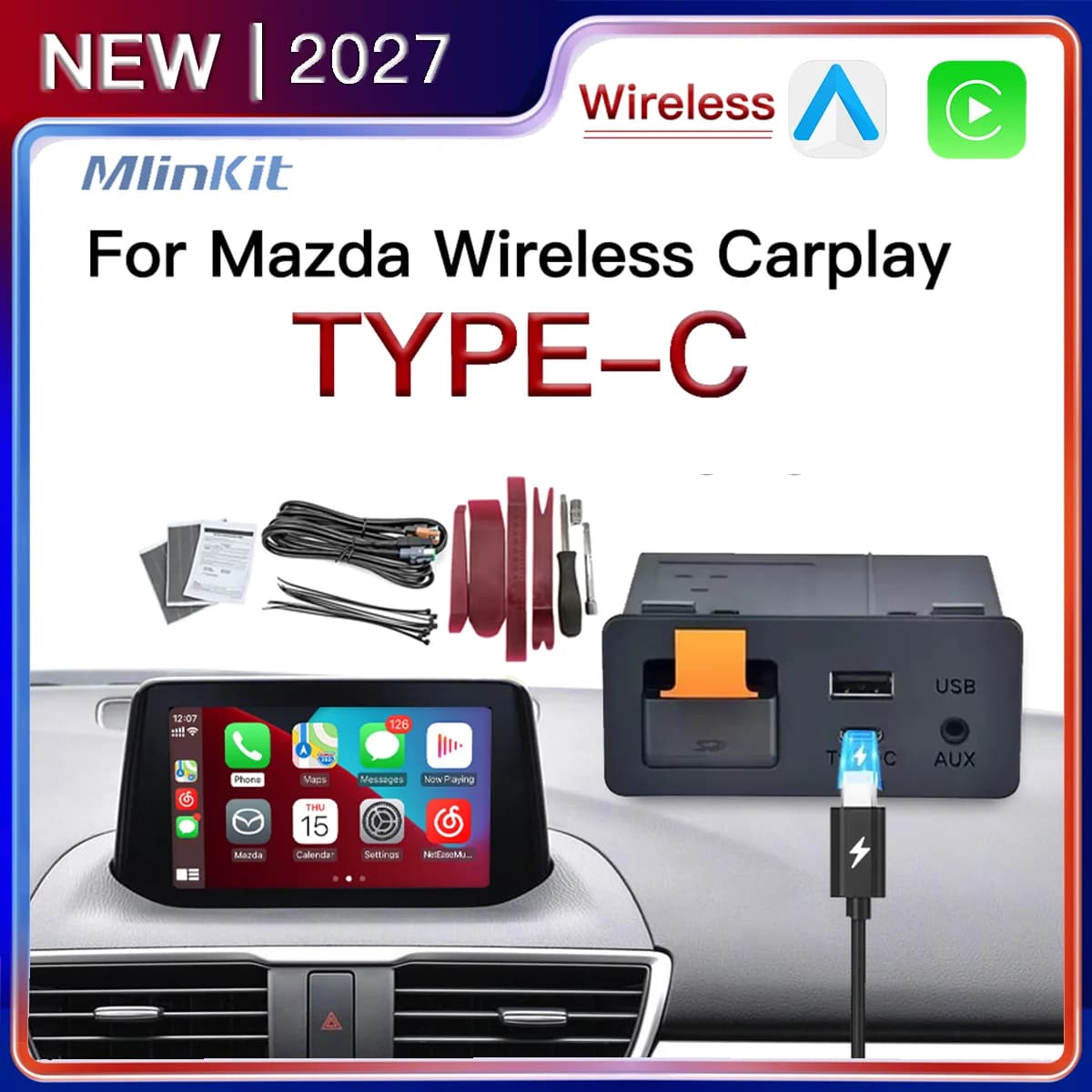 Type-C Wired Wireless CarPlay Android Auto USB Adapter for Mazda 2 3 6 CX3 CX5 CX8 CX9 MX5 Demio Miata TK78669U0C Retrofit Kit