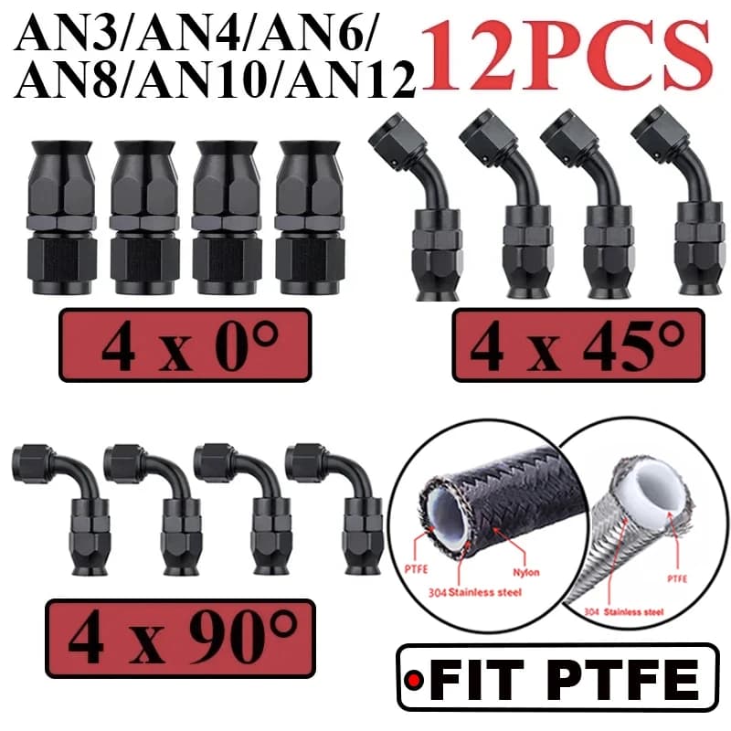 12Pcs Universal AN3 AN4 AN6 AN8 AN10 Straight 45 90 Degree Reusable Hose End Fittings Adapter For Swivel PTFE Oil Fuel Line Pipe