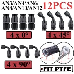 12Pcs Universal AN3 AN4 AN6 AN8 AN10 Straight 45 90 Degree Reusable Hose End Fittings Adapter For Swivel PTFE Oil Fuel Line Pipe