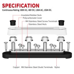 Car Terminal Block Negative Bus Bar 12V 150A Terminal Block 12V Power Distribution Block M8 Termianl Bus for Automotive Boat