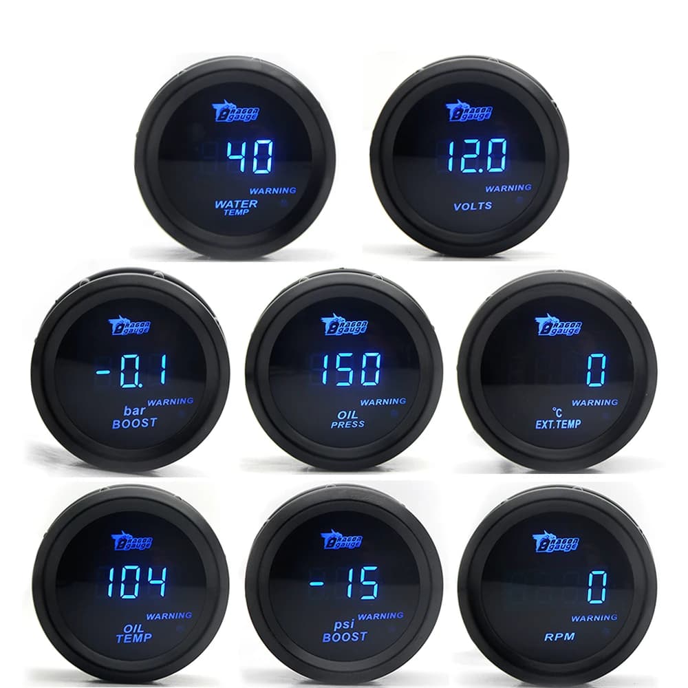 2' 52mm Car Digital Turbo Boost Gauge PSI BAR Water Temp Oil Temp Oil Pressure Gauge Voltmeter EGT Tachometer RPM Gauge