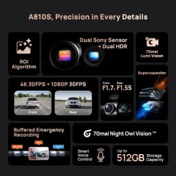 70mai Dash Cam A810S Front 4K Rear 1080P Support 4G Module GPS & ADAS Night Vision Supercapacitor Car DVR 70mai A810S