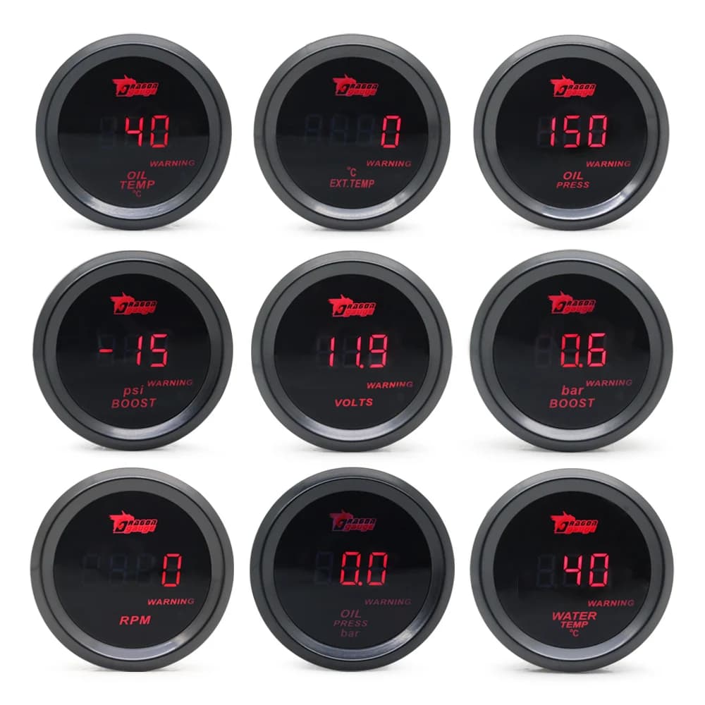 52mm Boost Gauge/Water Temp/Oil Temp/Oil Press/Voltage/Tachometer Gauge Digital Red LED Black Case