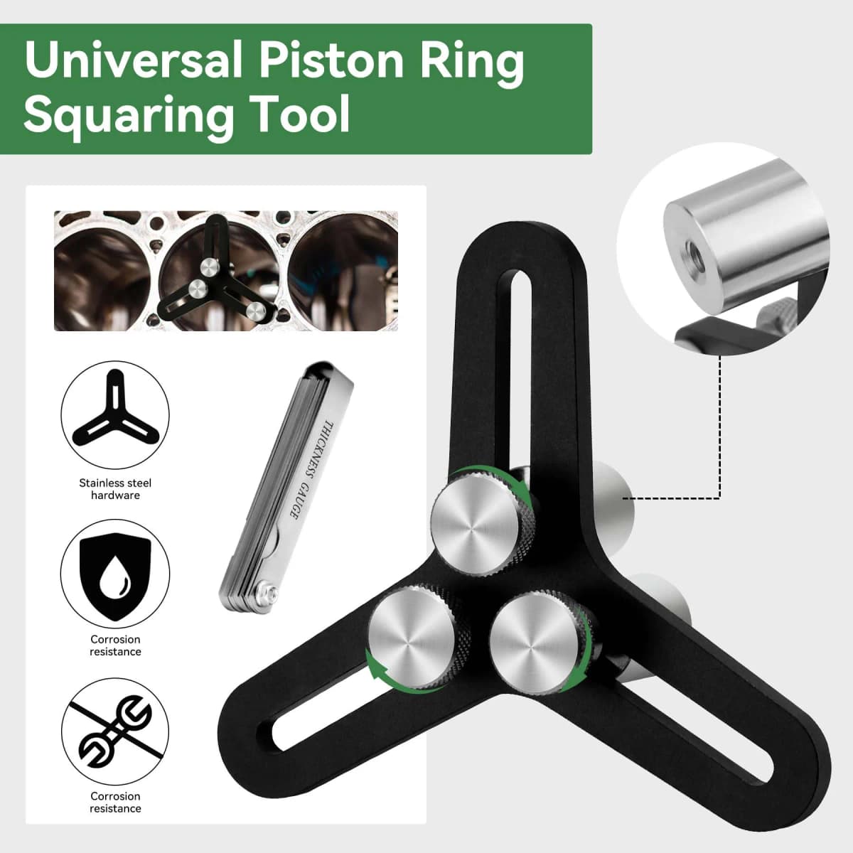 7075 Billet Aluminum Engine Piston Ring Squaring Tool Compatible for 2" to 5" Bore And Gap with 32 Blades Feeler Gauge Gap Measu