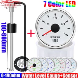 7 Color Backlight 2" 52mm Water Level Gauge+Water Level Sensor 100-600mm 0-190 Ohm Water Tank Meter Indicator Auto Car Boat