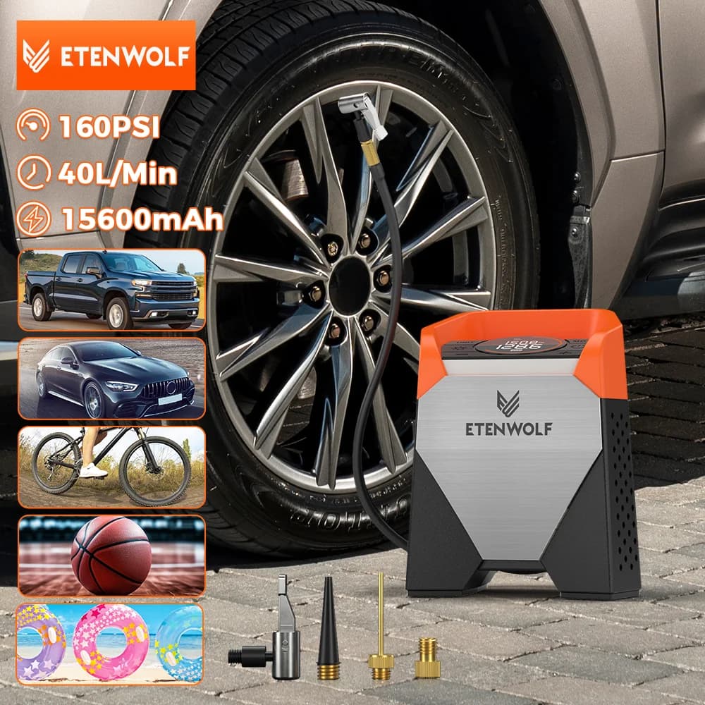 ETENWOLF ZEPHYR S5C Portable Tire Inflator Heavy-Duty Car compressor 160PSI &15600mAh for Pickups Car Tires Motorcycles