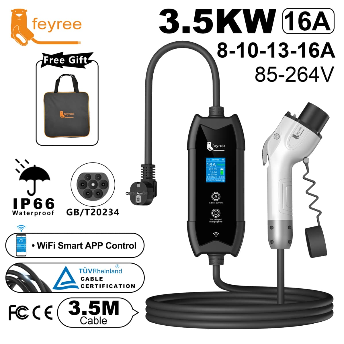 Feyree GB/T Portable EV Charger 3.5m Cable with WIFI APP Control 16A 3.5kW Set Charging & Delay Time for EV Cars, Plug Customiza