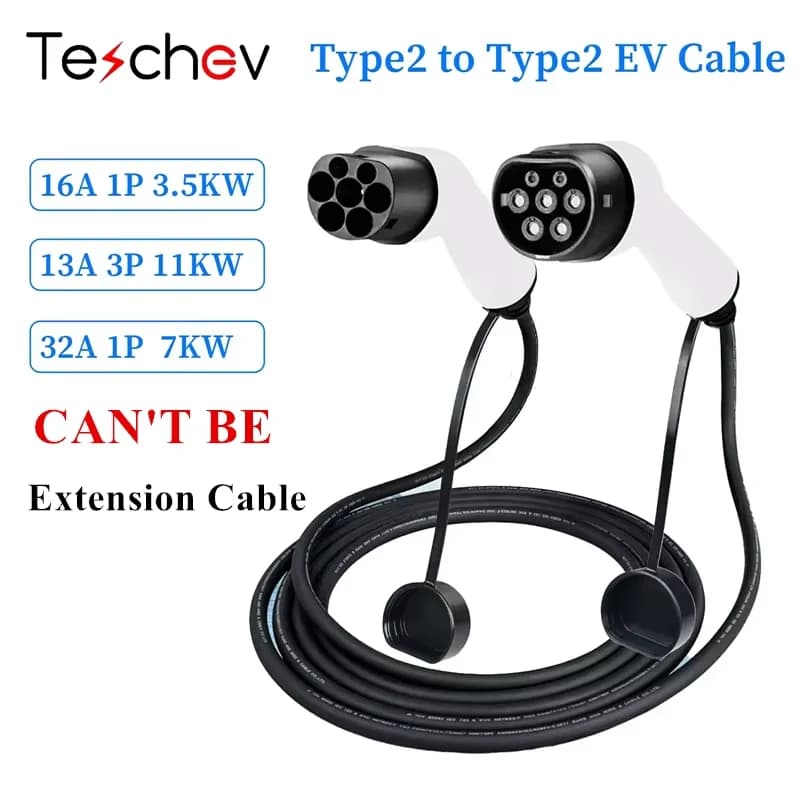 Teschev 16A 32A 11kW Type 2 to Type2 EV Charging Cable IEC 62196-2 Electric Car Charging Cord for Electric Vehicles Car Cable