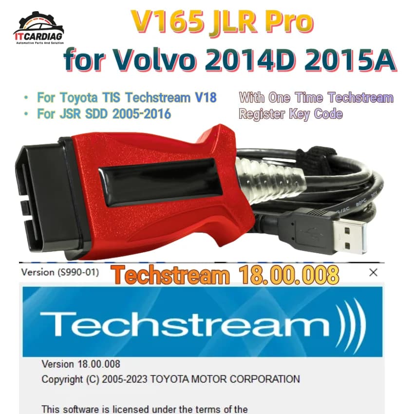 V165 V160 JSR JLR SDD for Volvo 2014D 2015A for Toyota TIS Techstream 18.00.008 J2534 OBD2 Scanner Cable Support Till 2016