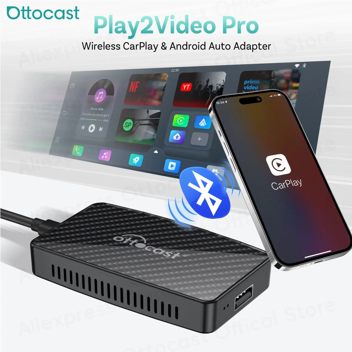 OTTOCAST Play2Video Pro Wireless CarPlay Android Auto Adapter Car Accessories for Youtuber for Toyota RAV4 CRV Ford F150 Tiguan