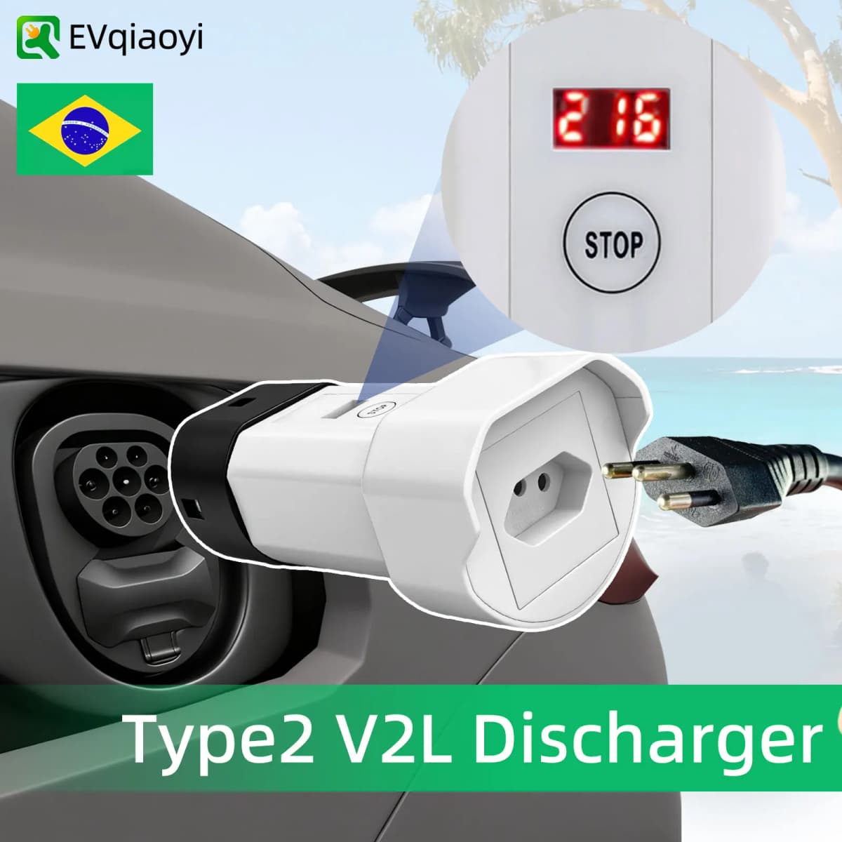EVqiaoyi Type 2 V2L Discharger Adapter 16A Brazil Type2 Descarregador with for BYD Dolphin Chery Geely EX2 Renault