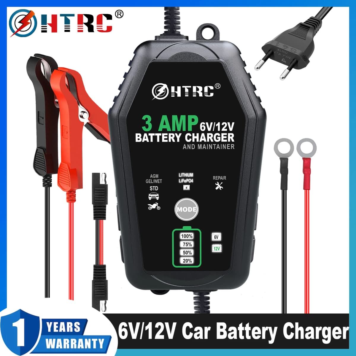 HTRC 3000mA 6V 12V Automatic Battery Charger Pluse Repair Charger for Lithium LiFePO4 Lead-Acid AGM Gel WET Battery Charger