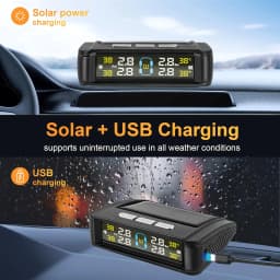 Wireless Tire Pressure Monitoring System with 4 Sensors USB Charging Solar Powered TPMS for Cars SUVs MPVs Pickups ORVs
