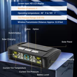 Wireless Tire Pressure Monitoring System with 4 Sensors USB Charging Solar Powered TPMS for Cars SUVs MPVs Pickups ORVs