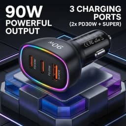 Fast Car Charger 90W 3 Ports Multi USB C PD 30W and USB A QC 30W Automobile Power Adapter with Glowing Ring For Smart Devices