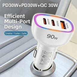 Fast Car Charger 90W 3 Ports Multi USB C PD 30W and USB A QC 30W Automobile Power Adapter with Glowing Ring For Smart Devices