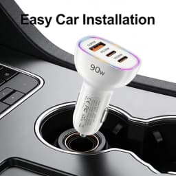 Fast Car Charger 90W 3 Ports Multi USB C PD 30W and USB A QC 30W Automobile Power Adapter with Glowing Ring For Smart Devices