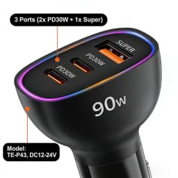 Fast Car Charger 90W 3 Ports Multi USB C PD 30W and USB A QC 30W Automobile Power Adapter with Glowing Ring For Smart Devices