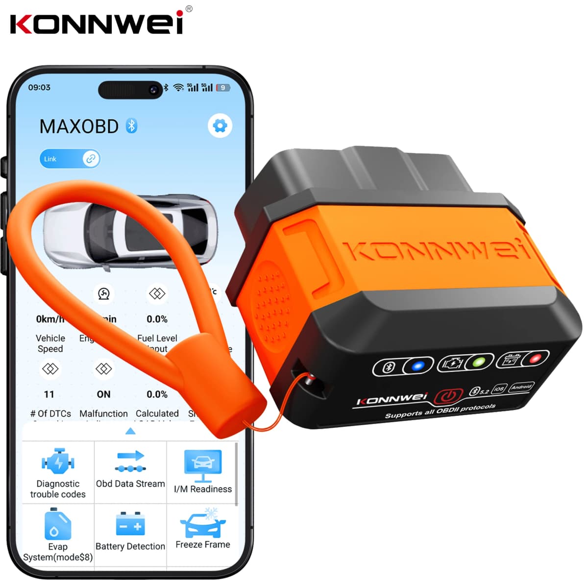 KONNWEI KW906 Bluetooth OBD2 Scanner Car Diagnostic Tool, Vehicle Code Reader, Live Data, Engine Check Scanner for Android iOS