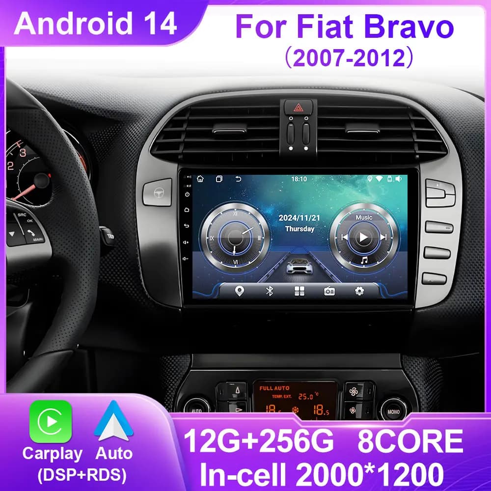 Car Android Auto For Fiat Bravo 2007 -2012 Car Radio Multimedia Navigation GPS Autoradio CarPlay Stereo QLED WIFI No 2 din DVD
