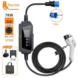 Feyree Type1 7kW 32A 1P EV Charger Plug with J1772 Cord Current Adjustable Portable Charging Box Holder for Electric Car Charger