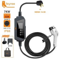 Feyree Type1 7kW 32A 1P EV Charger Plug with J1772 Cord Current Adjustable Portable Charging Box Holder for Electric Car Charger